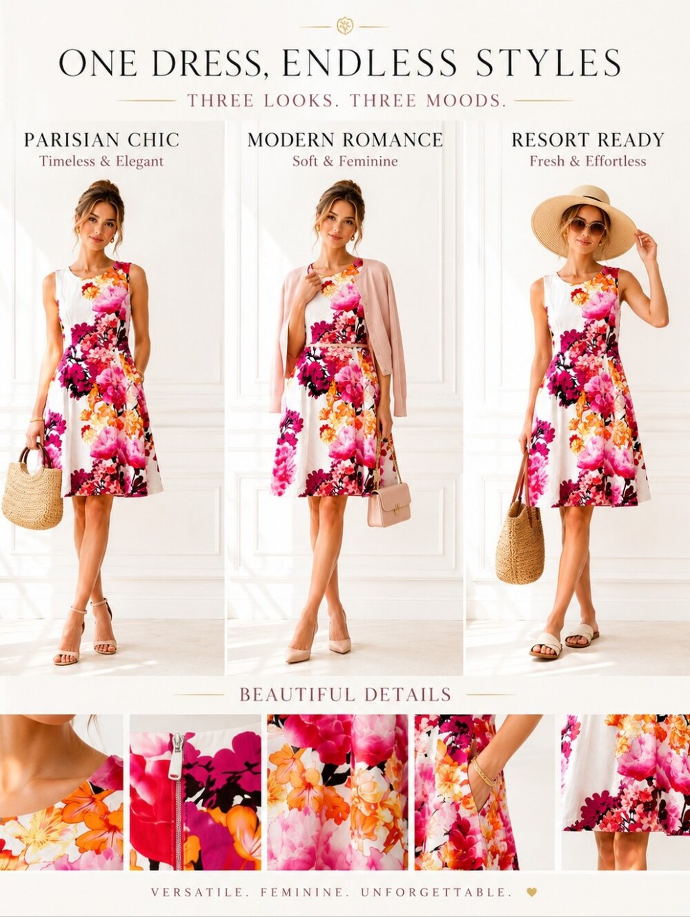 Vince Camuto Floral Fit & Flare Sleeveless Dress Size 12 Pink White Orange Midi - Picture 3 of 8